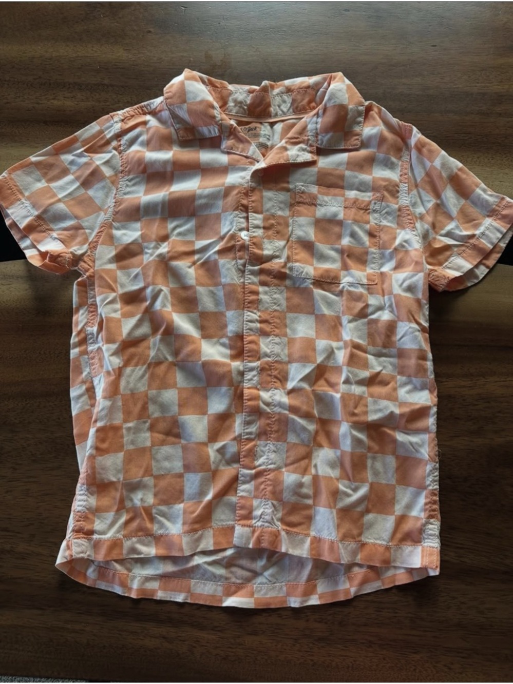 Orange and White Check Short Sleeve Button-Up Shirt